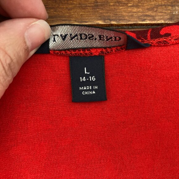 Lands End Dress Womens Large Red Jersey Faux Wrap Graphic Print Career Office - Picture 7 of 10